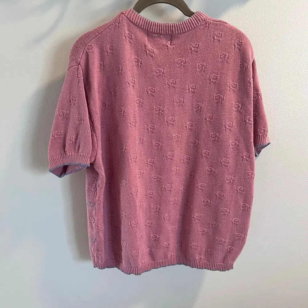 Vtg Isle Of Cotton Pink Short Sleeve Floral Embroidered Sweater Size XL